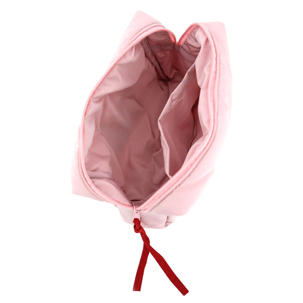 The image shows the interior of a Merry and Bright Embroidered Quilted Cosmetic Pouch Bag in a soft pink color.