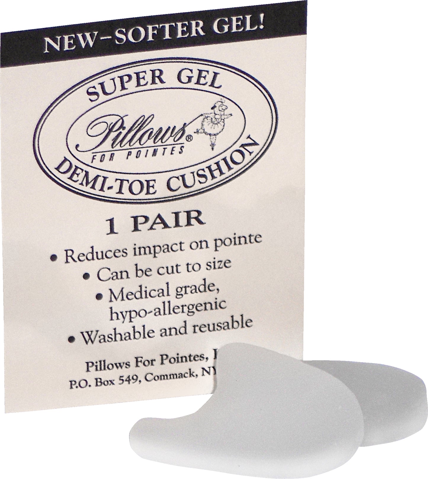 The image features a pair of Super Gel Toe Cushions by Pillows for Pointers, designed in a clear gel color.
