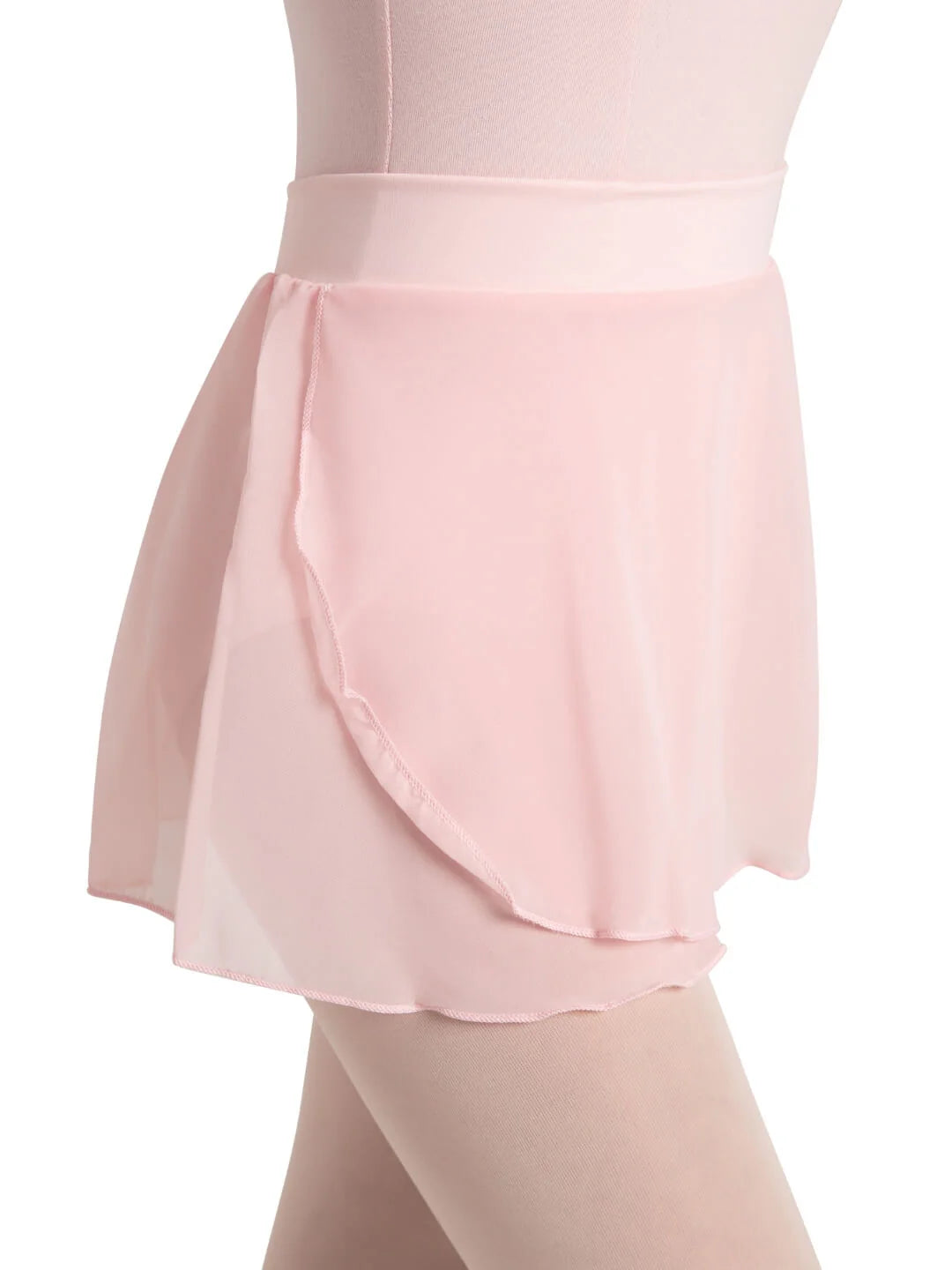 A close-up view of the Girls Pull-On Skirt (TC0011C) by the brand, featuring a light pink color. The skirt is made from 100% Polyester Chiffon and has a soft, comfortable waistband made from Tactel® Nylon and Lycra® Spandex,.