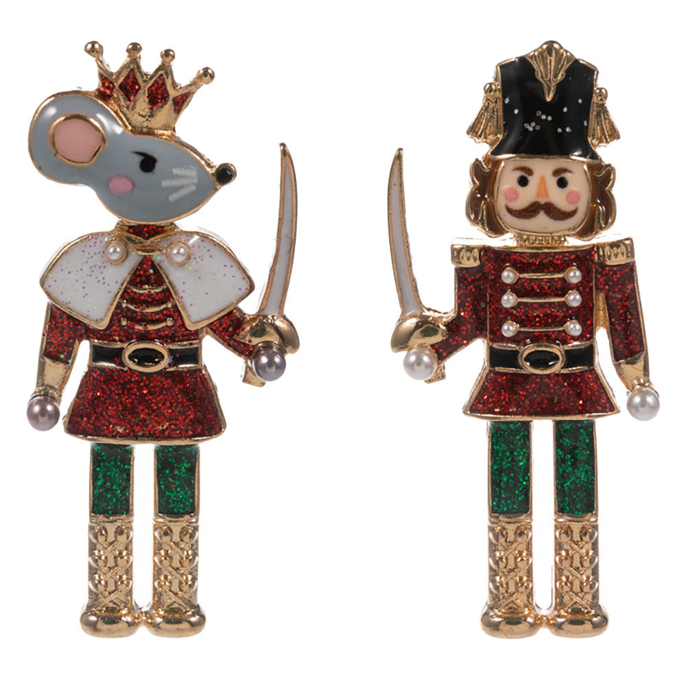 A pair of glittered Nutcracker Ballet earrings featuring a Mouse King on the left and a Nutcracker soldier on the right.