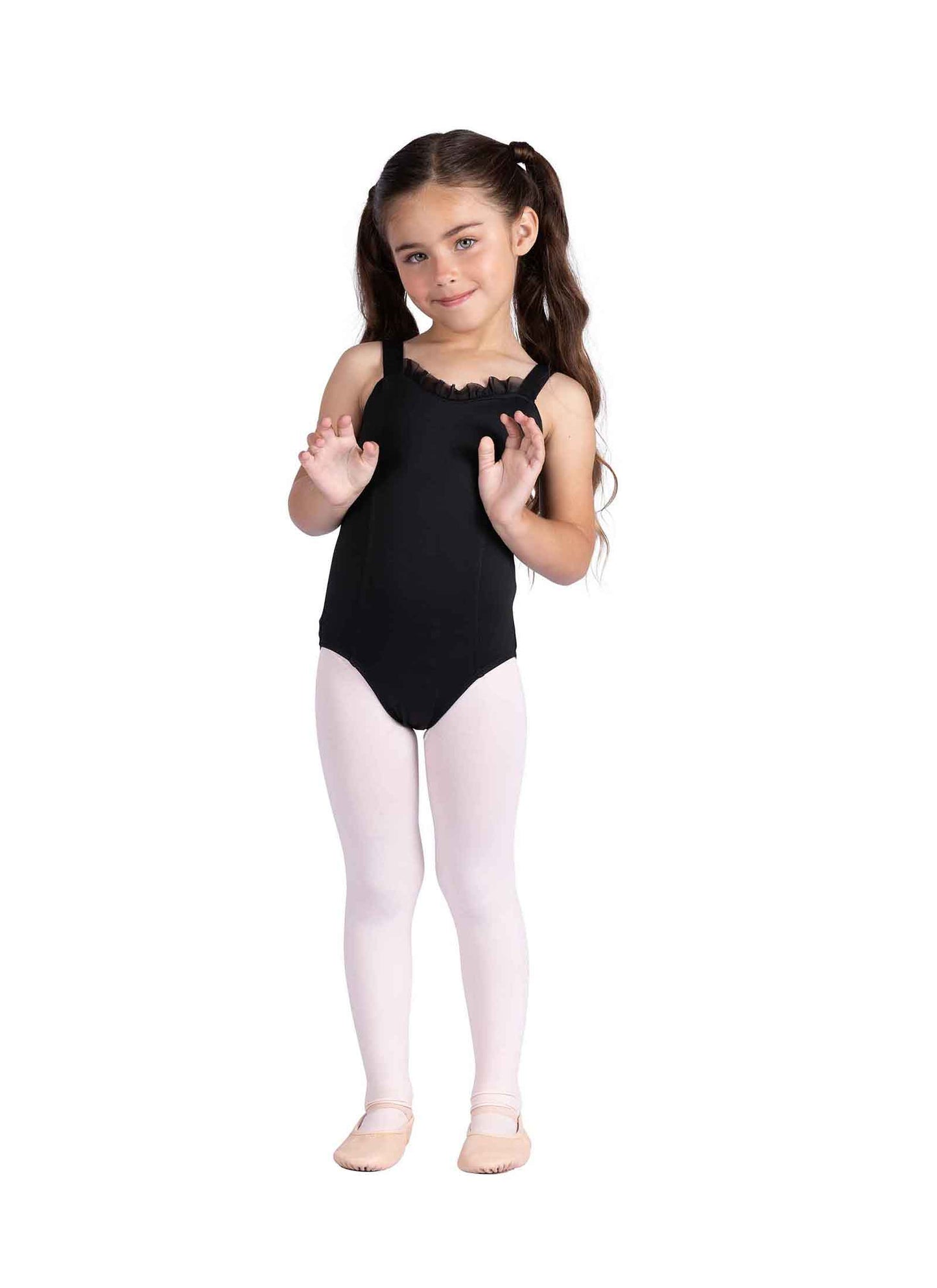 A young girl is wearing the Youh Kaia Tank Leotard in black, featuring wide elasticized straps and a ruffled sweetheart neckline.