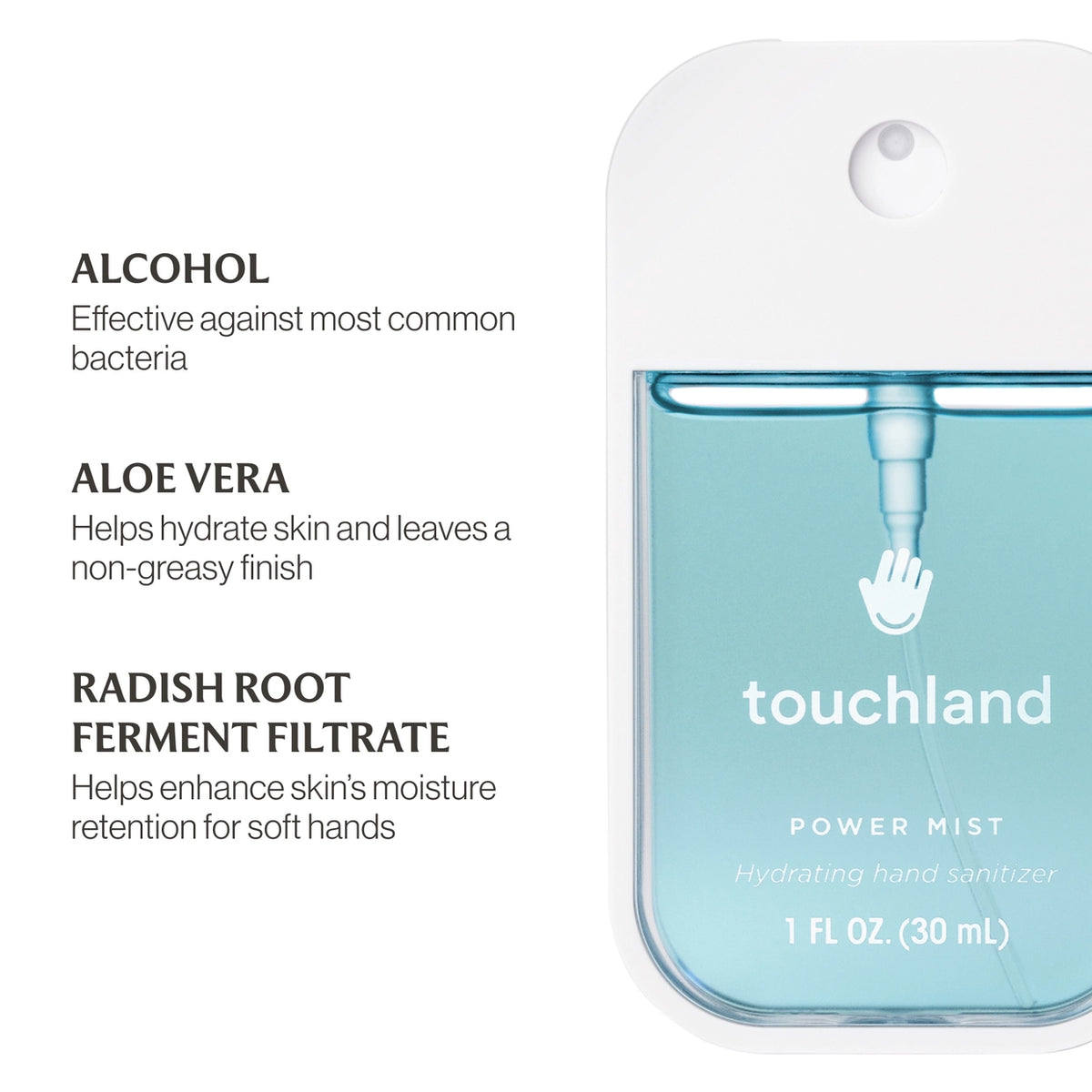 A Touchland Frosted Mint Power Mist Hydrating Hand Sanitizer is displayed in a sleek, transparent bottle with a light blue liquid inside.