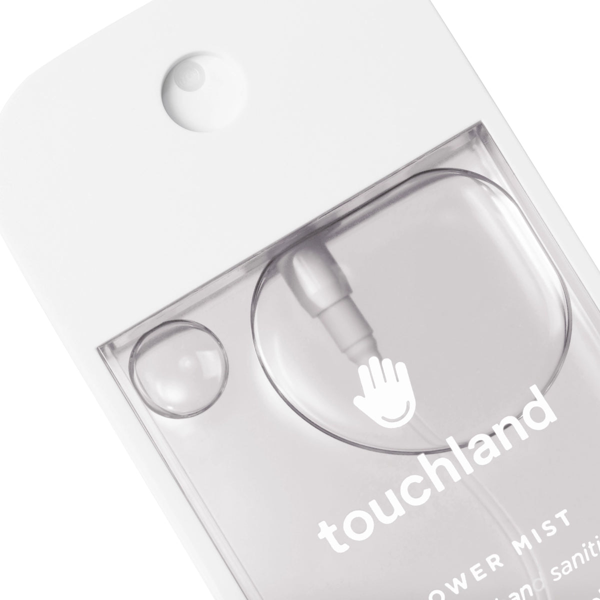 The image features a clear, minimalist bottle of Touchland Unscented Power Mist Hydrating Hand Sanitizer.