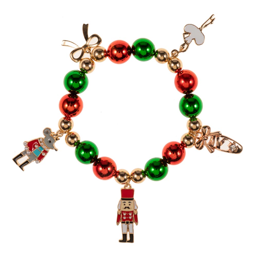 This Nutcracker Bow Charm Beaded Stretch Bracelet features a festive arrangement of red and green beads, along with whimsical holiday charms including a nutcracker, a mouse, and a ballet slipper.