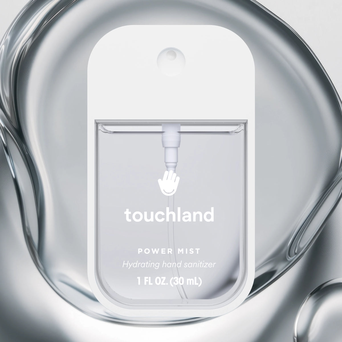 The image features a transparent 1 FL OZ (30 mL) bottle of Touchland Power Mist Hydrating Hand Sanitizer.