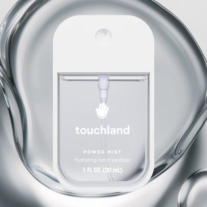 The image features a transparent 1 FL OZ (30 mL) bottle of Touchland Power Mist Hydrating Hand Sanitizer.