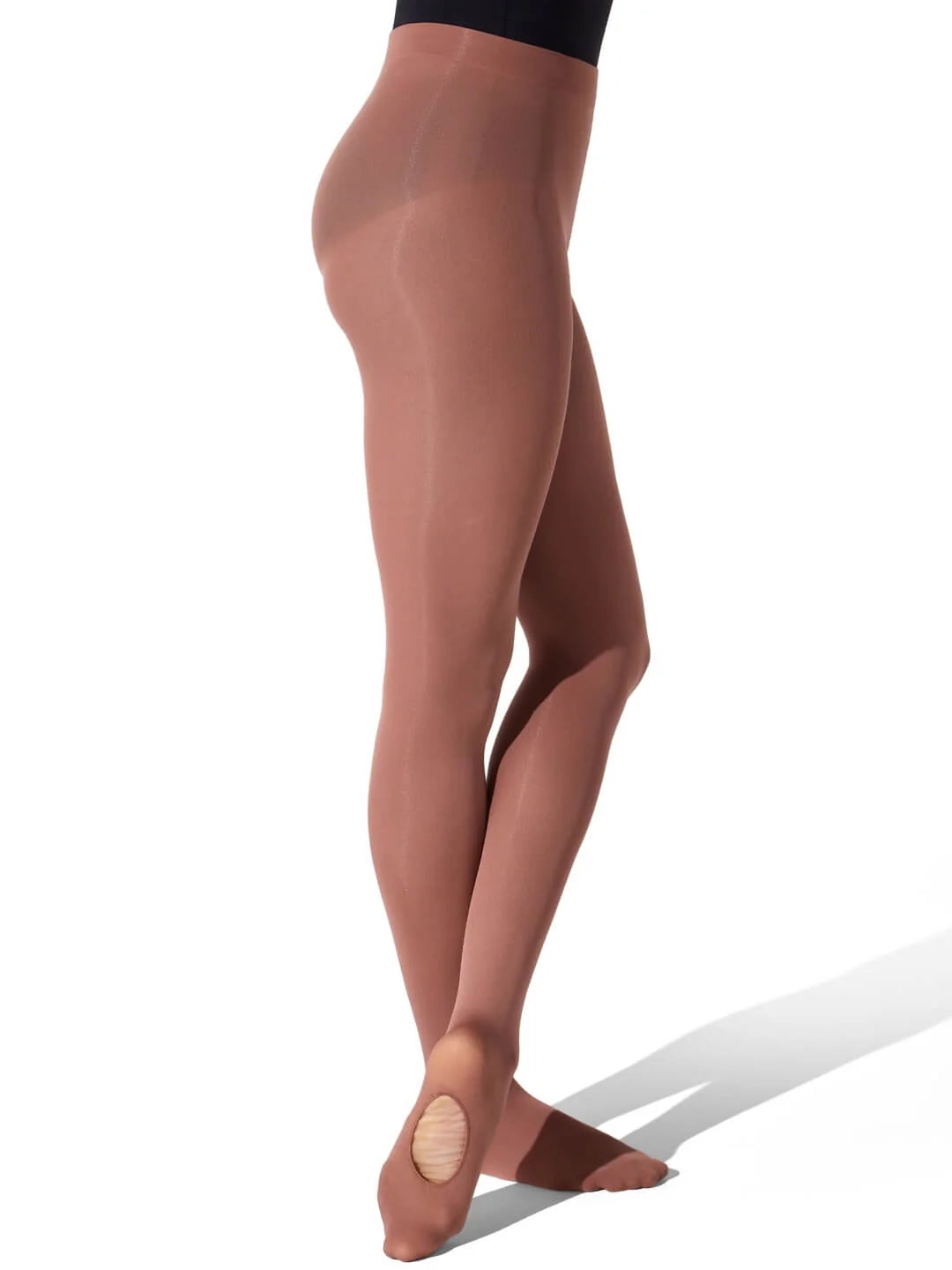 A pair of Girls Ultra Soft™ Transition® Tights in a soft, muted shade of brown is displayed, showcasing a smooth texture and a self-knit waistband.