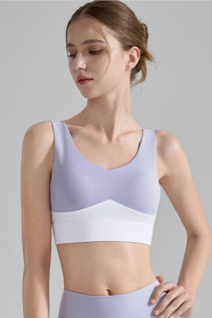 Wide-Strap Color-Block V-Neck Sports Bra Top