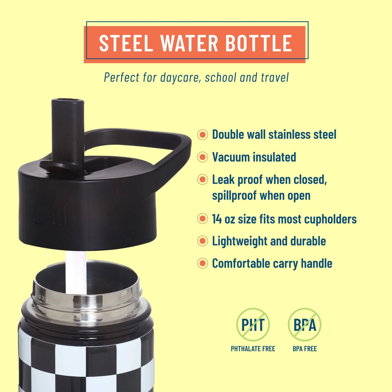 Black and White Checkered 14 oz Steel Water Bottle