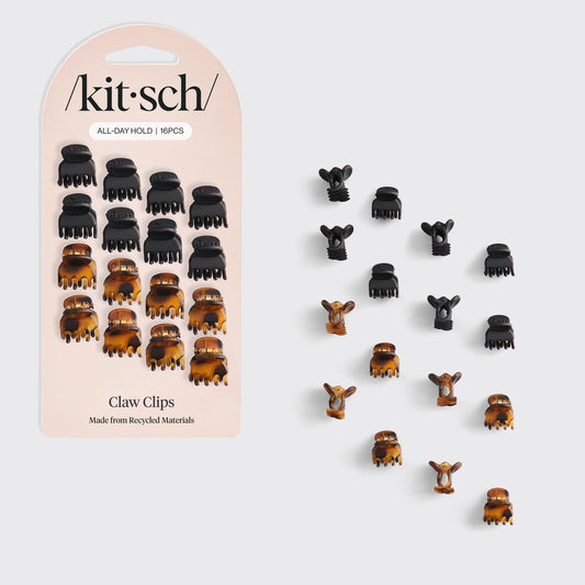 A pack of Kitsch Mini Claw Clips featuring 16 pieces in black and tortoiseshell colors is displayed on a light gray background.