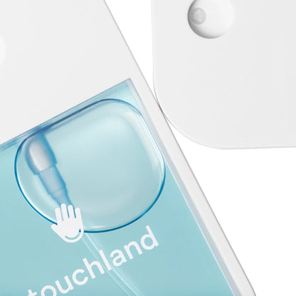 The image features a close-up of Touchland’s Frosted Mint Power Mist Hydrating Hand Sanitizer, showcasing its sleek packaging.