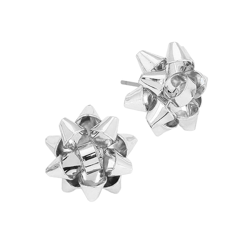 Silver gift bow stud earrings featuring a playful, dimensional bow design. The earrings are lightweight and have a post-back style, making them suitable for festive occasions or everyday wear.