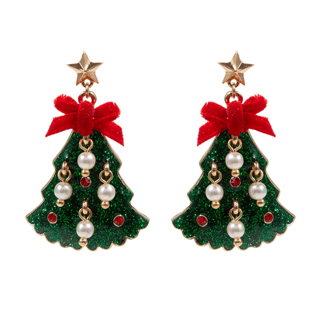 These Glittered Enamel Holiday Tree Dangle Earrings feature a vibrant green tree design adorned with sparkling beads and faux pearls, complemented by a red velvet bow and a gold star topper. Measuring 1.1 x 1.