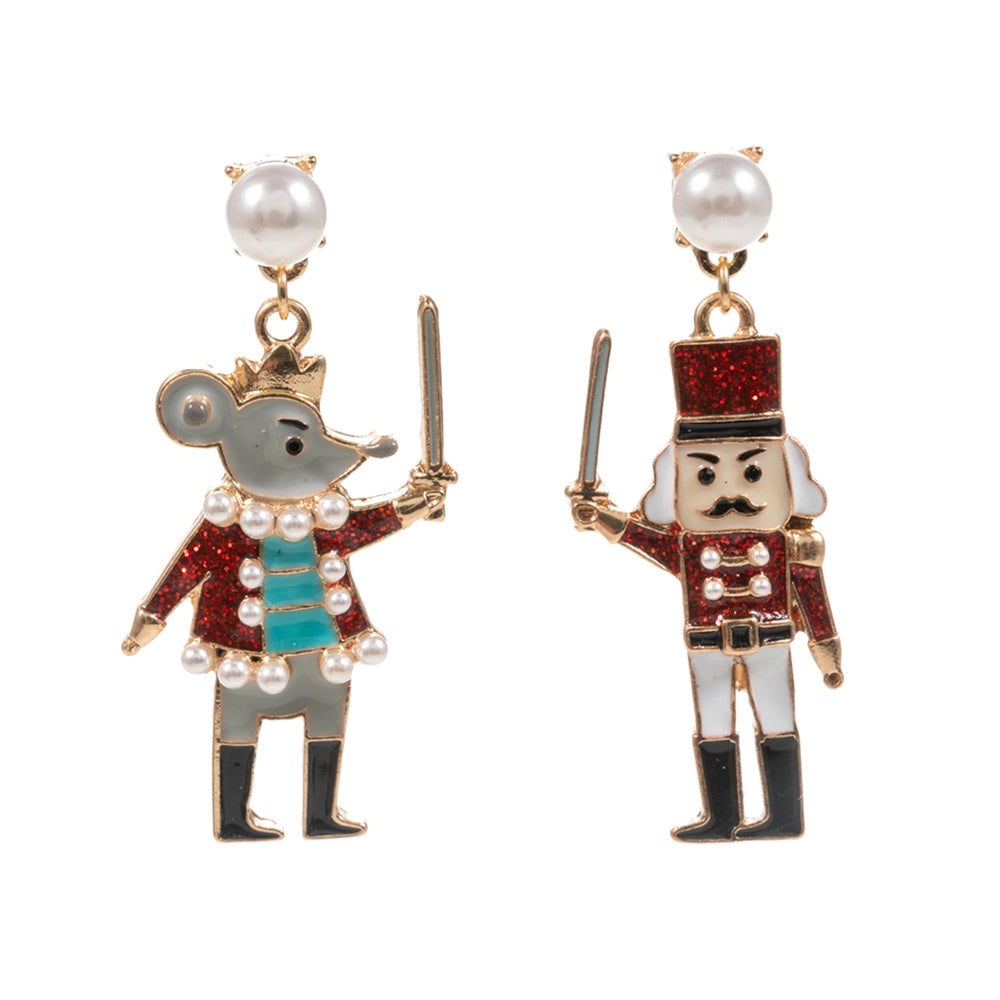 Whimsical Enamel Nutcracker Dangle Earrings feature a charming mouse and nutcracker design, each adorned with vibrant details.