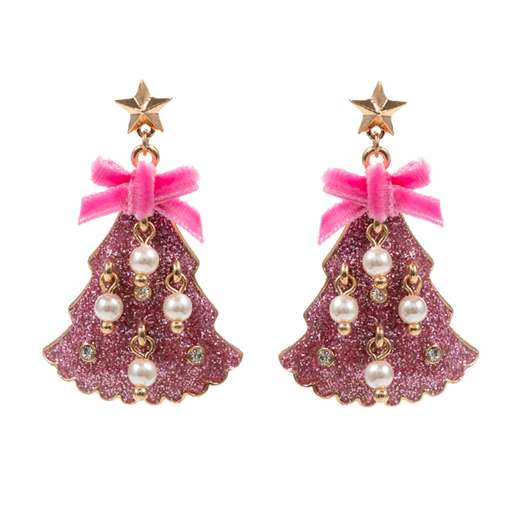 Pink glittered enamel holiday tree dangle earrings feature a festive design with a gold star topper and a pink velvet bow.