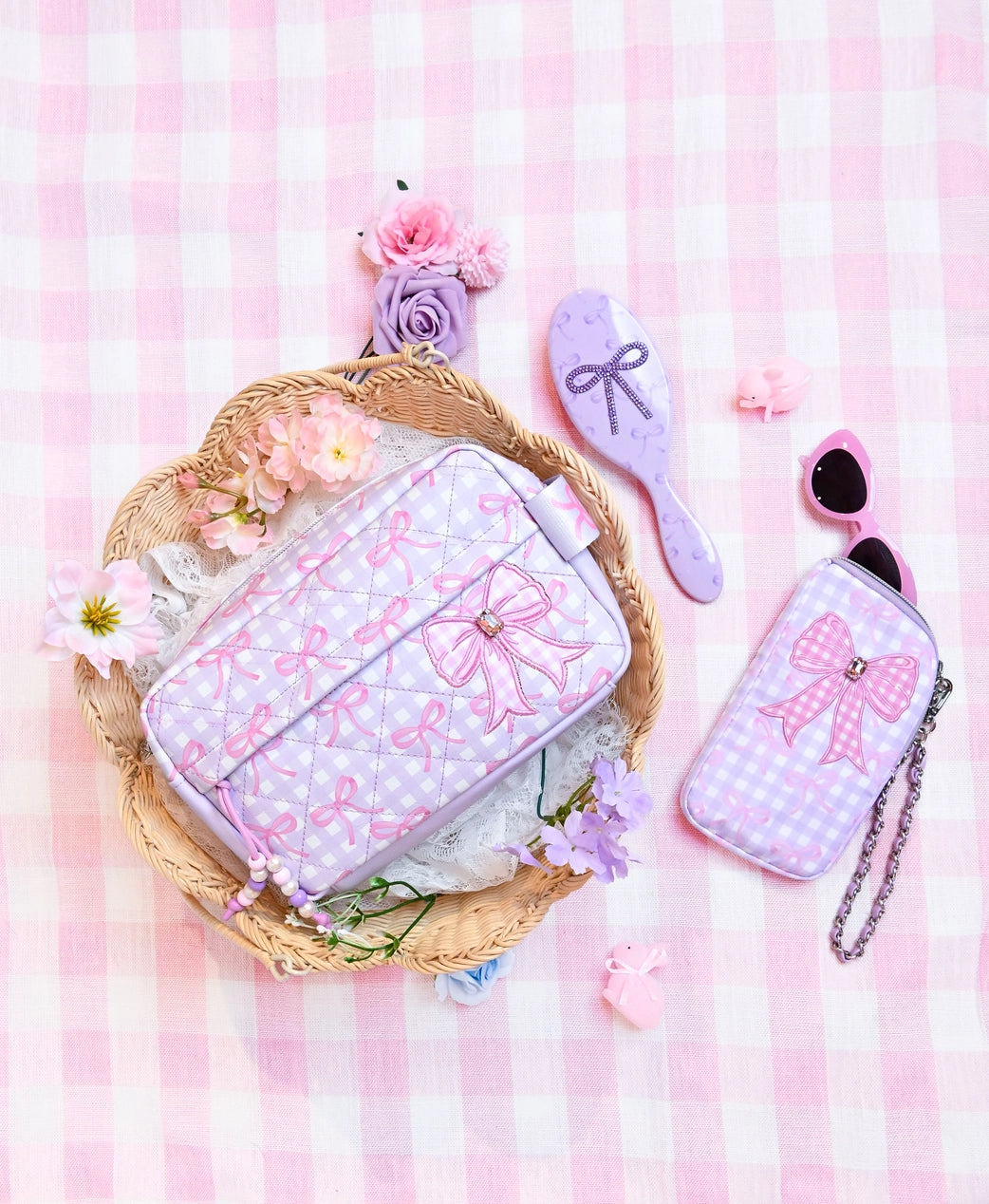 Quilted Gingham and Bow Printed Pouch