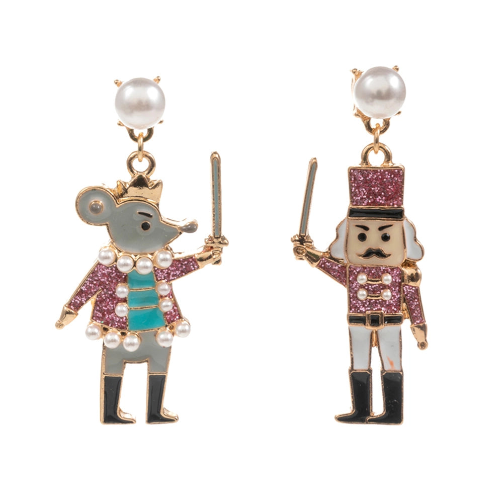 Gold-tone dangle earrings featuring a whimsical Nutcracker and Mouse design, adorned with colorful enamel details.