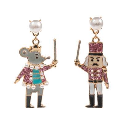 Gold-tone dangle earrings featuring a whimsical Nutcracker and Mouse design, adorned with colorful enamel details.