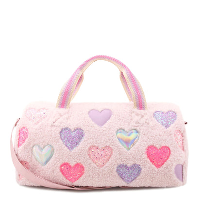 Heart Patched Sherpa Barrel Duffle Bag