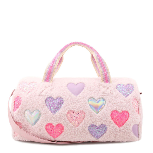 Heart Patched Sherpa Barrel Duffle Bag