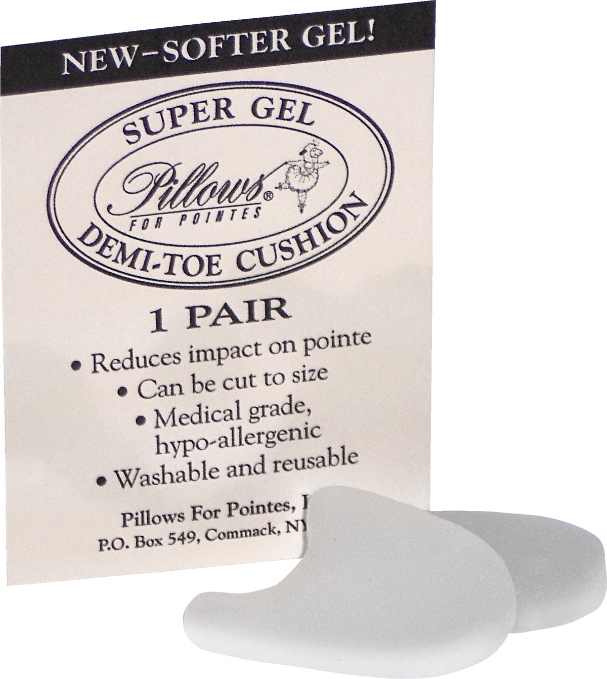 The image features a pair of Super Gel Toe Cushions by Pillows for Pointers, designed in a clear gel color.