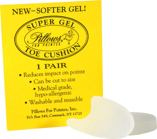 A pair of Super Gel Toe Cushions in clear gel is displayed next to a bright yellow card featuring the product name and brand, Pillows for Pointe.