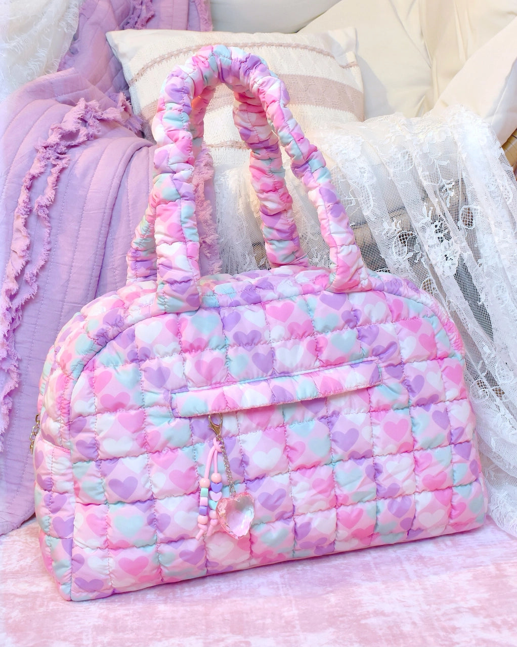 Quilted Scrunchies Heart Printed Medium Duffle Bag