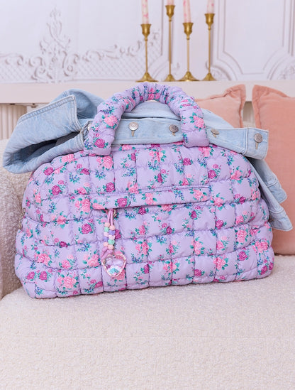 Quilted Scrunchies Floral Bow Printed Medium Duffle Bag (Lavender)