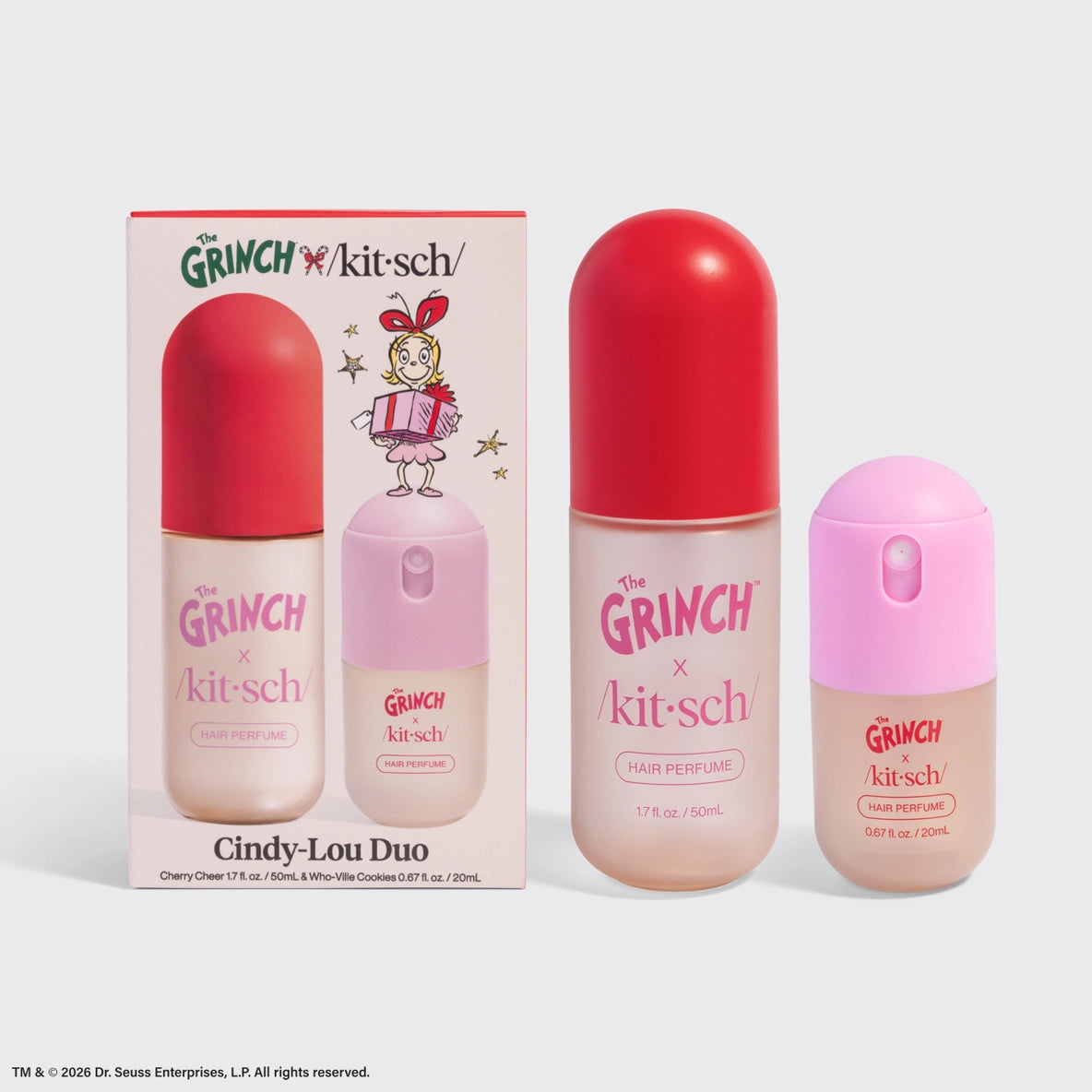 The image features The Grinch x Kitsch Cindy-Lou Duo Set, showcasing two hair perfumes in a colorful packaging.