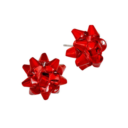 Bright red Holiday Gift Bow Stud Earrings feature a playful, dimensional bow design that adds festive charm to any outfit. Measuring 0.6 x 0.