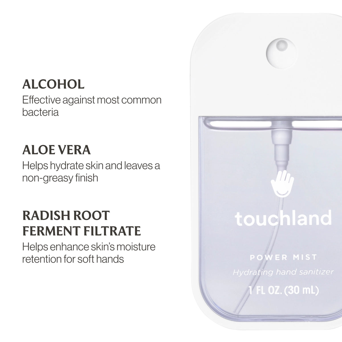 A clear, plastic bottle of Touchland Power Mist Hydrating Hand Sanitizer is displayed against a white background.