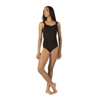 A model stands in a poised position wearing a black Adult Mesh Tank Leotard by the brand. The leotard features a pinch front neckline and mesh straps that create a V back opening, showcasing a sleek and elegant design that highlights.