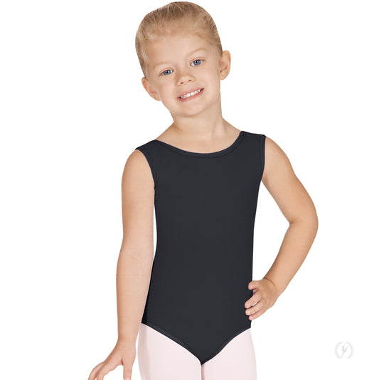 A young girl is wearing a black Child Tank Leotard (4489) by the brand, featuring a raised scoop neckline and wider supportive tank straps.